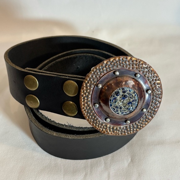 BELT Leather with Decorative Round Buckle Pin Closure Rivets Bohemian Western - Picture 5 of 6